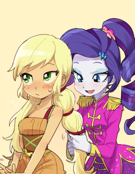 2girls, applejack, applejack_(equestria_girls), baekgup, blonde_hair, blue_eyes, blush, drill_hair