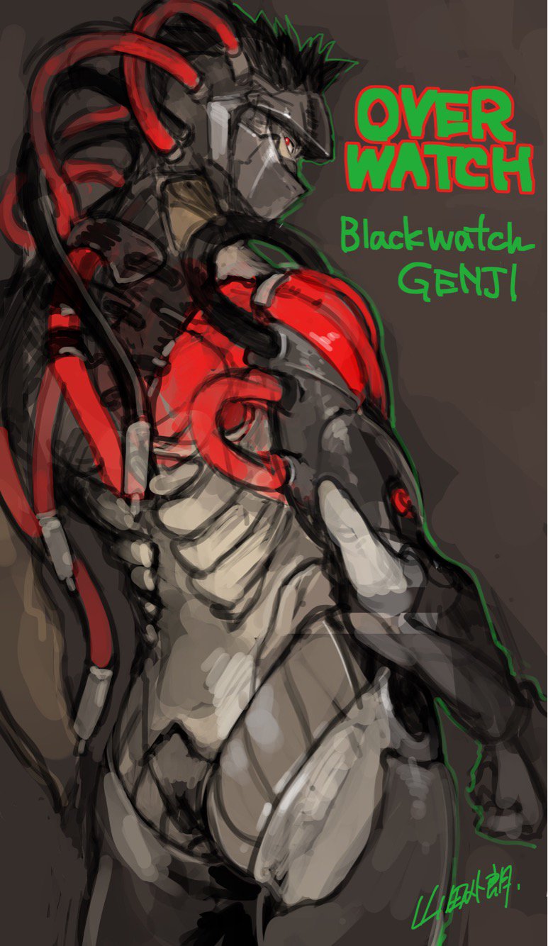1boy, armor, black_hair, blackwatch_genji, character_name, copyright_name, cyborg, dark_background, from_behind, genji_(overwatch), highres, looking_at_viewer, male_focus, mask, muscular, ninja, official_alternate_costume, overwatch, overwatch_1, red_eyes, signature, solo, spiked_hair, yamada_uiro