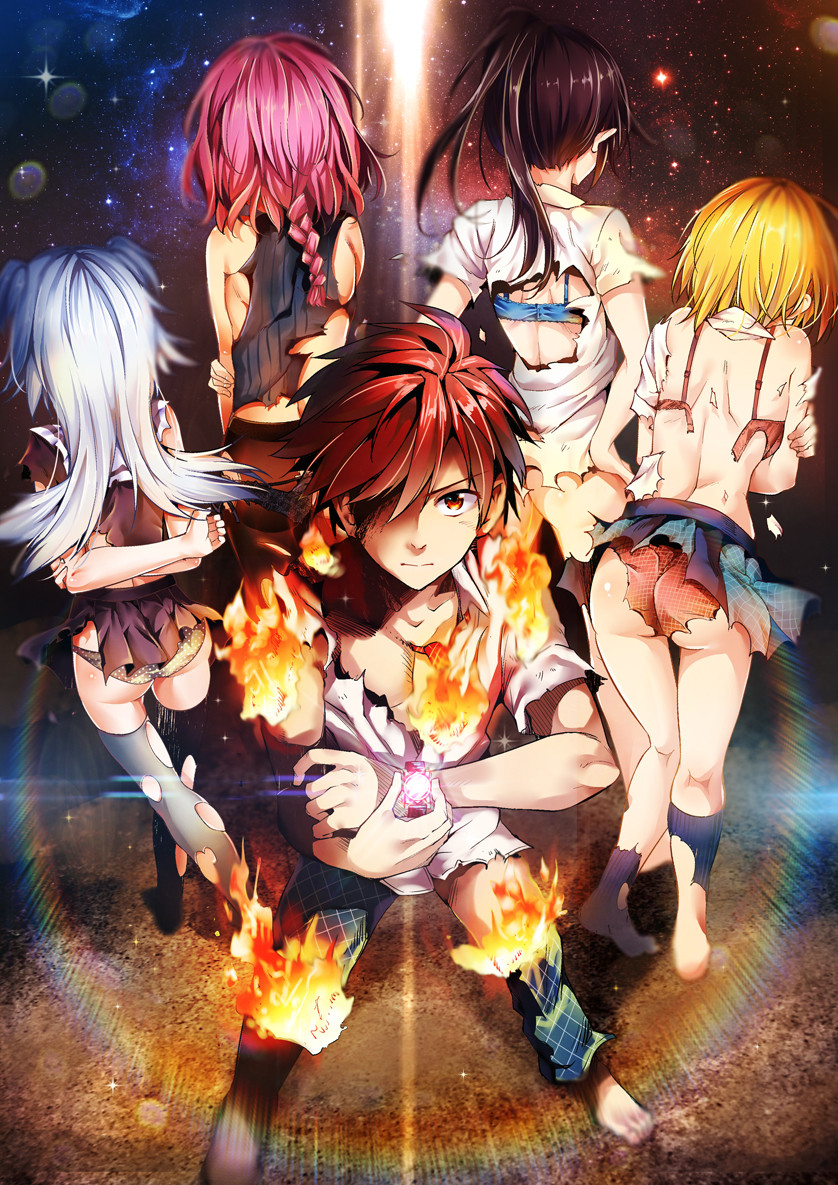 >:(, 1boy, 4girls, arms_behind_back, ass, asymmetrical_legwear, bare_shoulders, barefoot