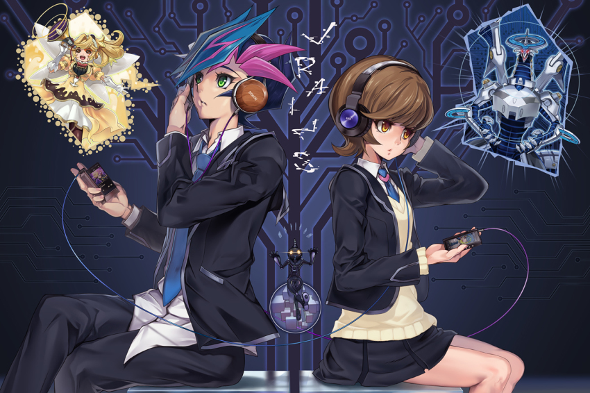 1boy, 1girl, back-to-back, black_hair, black_pants, black_skirt, blazer, blue_hair, blue_necktie, brown_hair, cardigan, duel_monster, firewall_dragon, fujiki_yusaku, green_eyes, headphones, ignis_(yuu-gi-ou), jacket, lazward, long_sleeves, multicolored_hair, necktie, non-humanoid_robot, open_clothes, open_jacket, orange_eyes, pants, parted_lips, pink_hair, robot, robot_dragon, school_uniform, sitting, skirt, swept_bangs, trickstar_candina, yu-gi-oh!, yu-gi-oh!_vrains, yuu-gi-ou, yuu-gi-ou_vrains, zaizen_aoi