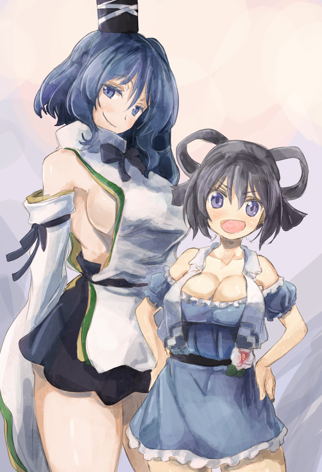 >:d, 2girls, :d, armpits, bare_shoulders, blue_dress, blue_eyes, breasts