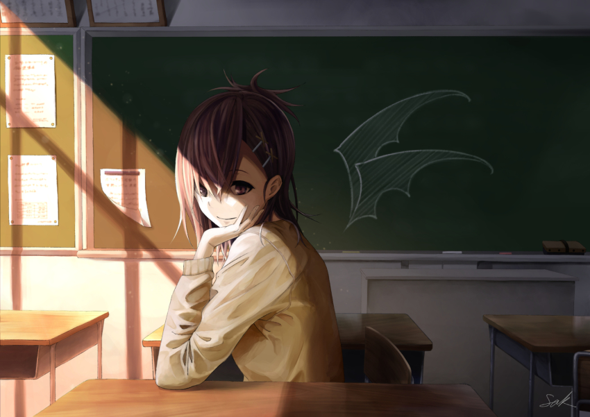 10s, 1girl, bat_wings, board_eraser, cardigan, chair, chalk, chalkboard