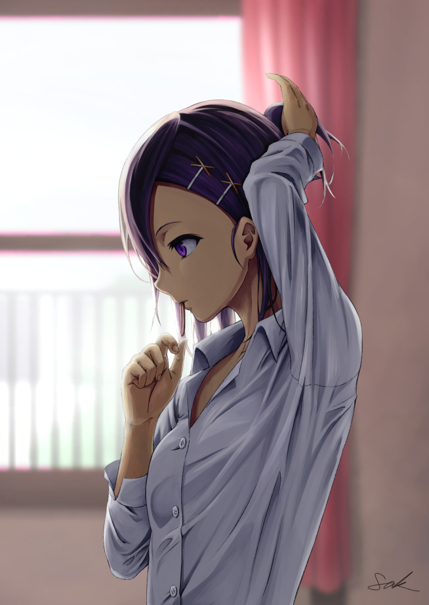 10s, 1girl, arm_behind_back, blouse, blurry, buttons, curtains, day, depth_of_field, dress_shirt, female_focus, gabriel_dropout, hair_ornament, highres, in_mouth, indoors, long_sleeves, profile, purple_eyes, purple_hair, room, rubber_band, sak_(pixiv), shirt, signature, solo, topknot, tying_hair, vignette_tsukinose_april, window, x_hair_ornament