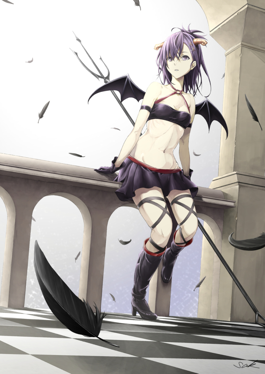 10s, 1girl, arch, armlet, bare_shoulders, bat_wings, black_feathers, boots