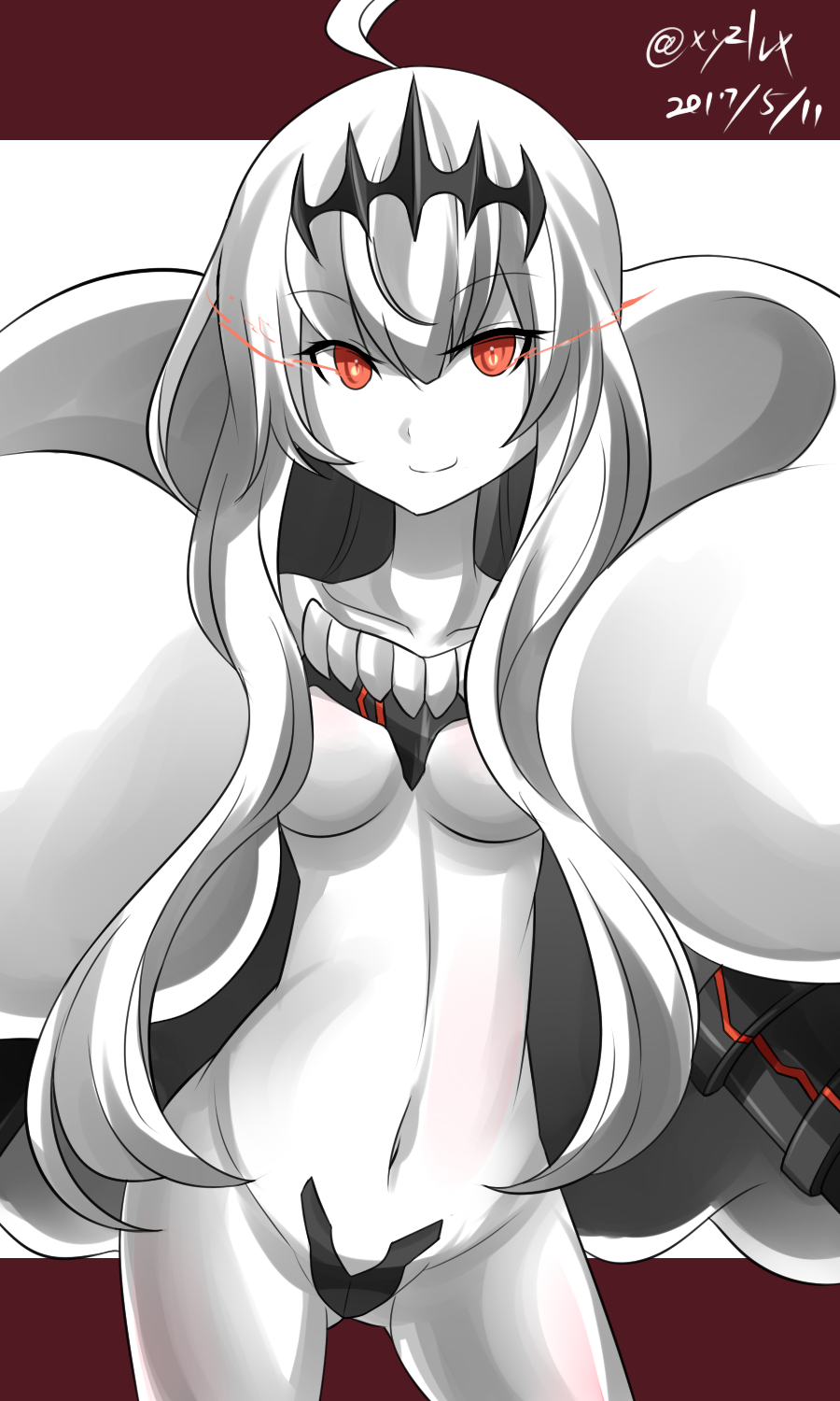 10s, 1girl, abyssal_ship, ahoge, alpha_signature, breasts, cape, collarbone