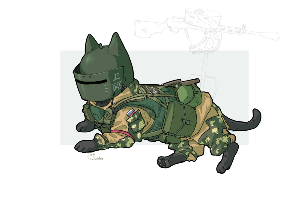 ballistic_face_mask, ballistic_face_shield, ballistic_helmet, cat, golaegun, gun, helmet, machine_gun, maska, no_humans, rainbow_six, rainbow_six_siege, russian_flag, solo, spetsnaz, tachanka, visor, visor_(armor), weapon