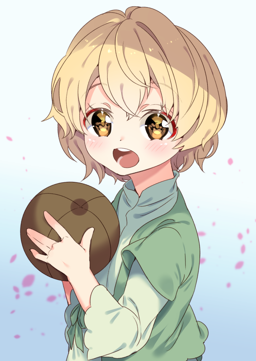 1girl, :d, almita, arami_o_8, ball, blonde_hair, blue_shirt, blurry, blurry_background, blush, breasts, child, colored_eyelashes, dress, female_focus, gradient_background, green_jacket, holding, holding_ball, jacket, layered_sleeves, long_sleeves, looking_at_viewer, open_clothes, open_jacket, open_mouth, round_teeth, shirt, short_hair, short_over_long_sleeves, short_sleeves, shuumatsu_nani_shitemasu_ka?, simple_background, smile, solo, tareme, teeth, upper_body, yellow_eyes