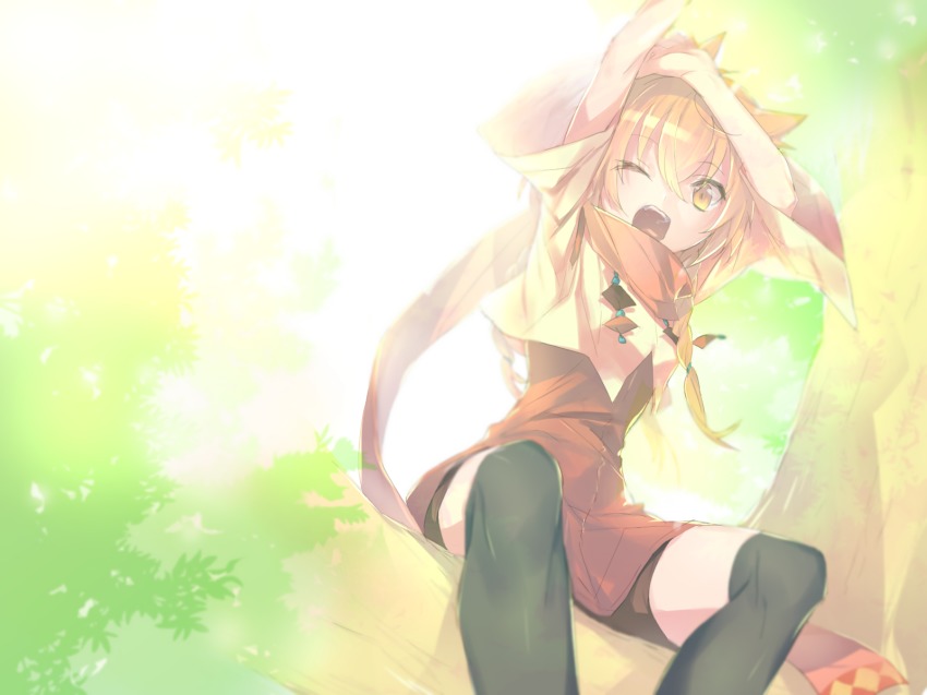 1girl, bad_id, bad_pixiv_id, bike_shorts, black_thighhighs, brown_eyes, brown_hair, dress