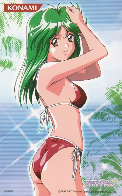 1990s_(style), 1999, 1girl, asou_kasumi, ass, bikini, breasts, brown_eyes, company_name, cowboy_shot, dated, female_focus, green_hair, hands_on_own_head, kokura_masashi, konami, logo, long_hair, looking_at_viewer, official_art, red_bikini, retro_artstyle, side-tie_bikini_bottom, smile, solo, swimsuit, tokimeki_memorial, tokimeki_memorial_2