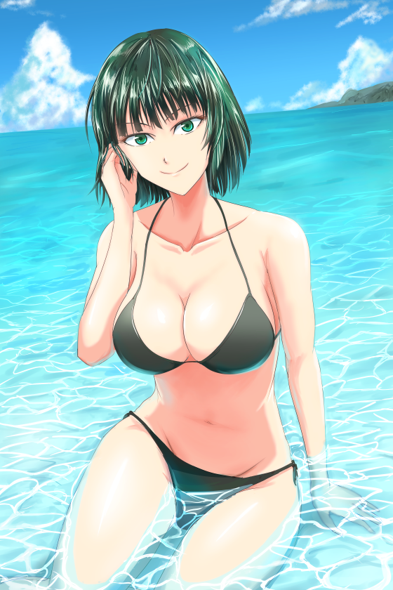 1girl, beach, bikini, black_bikini, breasts, collarbone, day, female_focus, fubuki_(one-punch_man), green_eyes, green_hair, hand_on_own_face, large_breasts, mamiya_myanmar, navel, one-punch_man, outdoors, partially_submerged, sitting, smile, solo, swimsuit, water