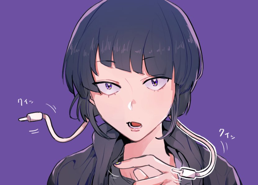 10s, 1girl, audio_jack, bad_id, bad_twitter_id, blunt_bangs, boku_no_hero_academia, female_focus, jiro_kyoka, looking_at_viewer, open_mouth, portrait, purple_background, purple_eyes, purple_hair, rikyuu, short_hair, simple_background, solo, solo_focus