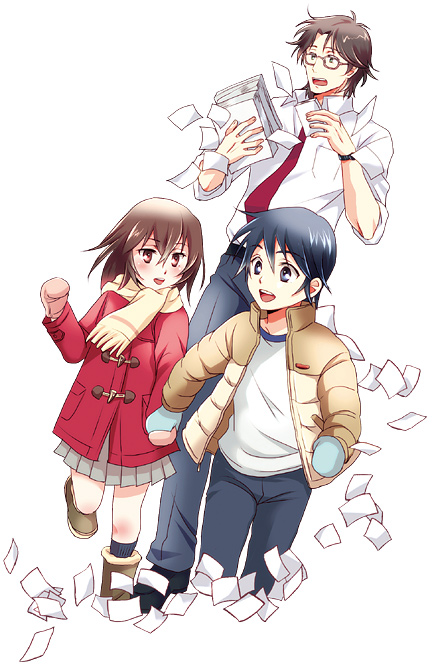 10s, 1girl, 2boys, :d, boku_dake_ga_inai_machi, boots, brown_eyes, brown_footwear, brown_hair, child, coat, fujinuma_satoru, fune_o_amu, hinazuki_kayo, holding_hands, koromo_(kinu), mistuya_majime, mittens, multiple_boys, necktie, open_mouth, papers, pleated_skirt, red_coat, red_necktie, scarf, skirt, smile, winter_clothes, yellow_scarf