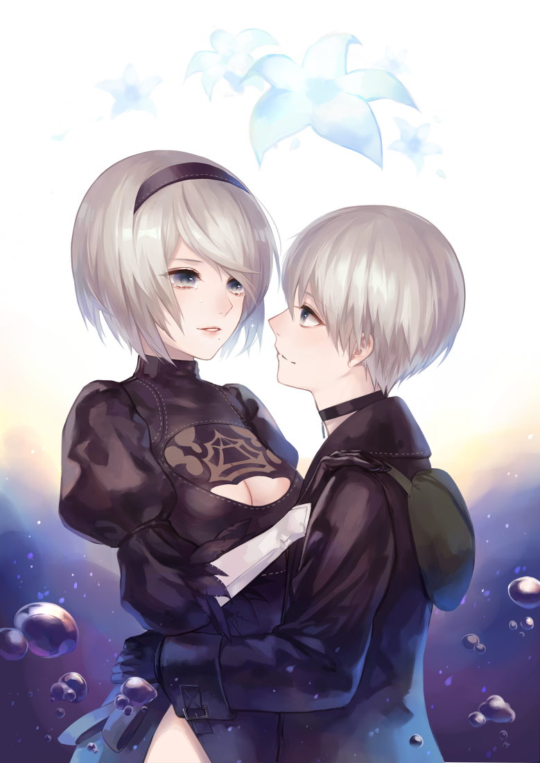 1boy, 1girl, black_dress, black_eyes, black_gloves, black_hairband, black_neckwear, black_shirt