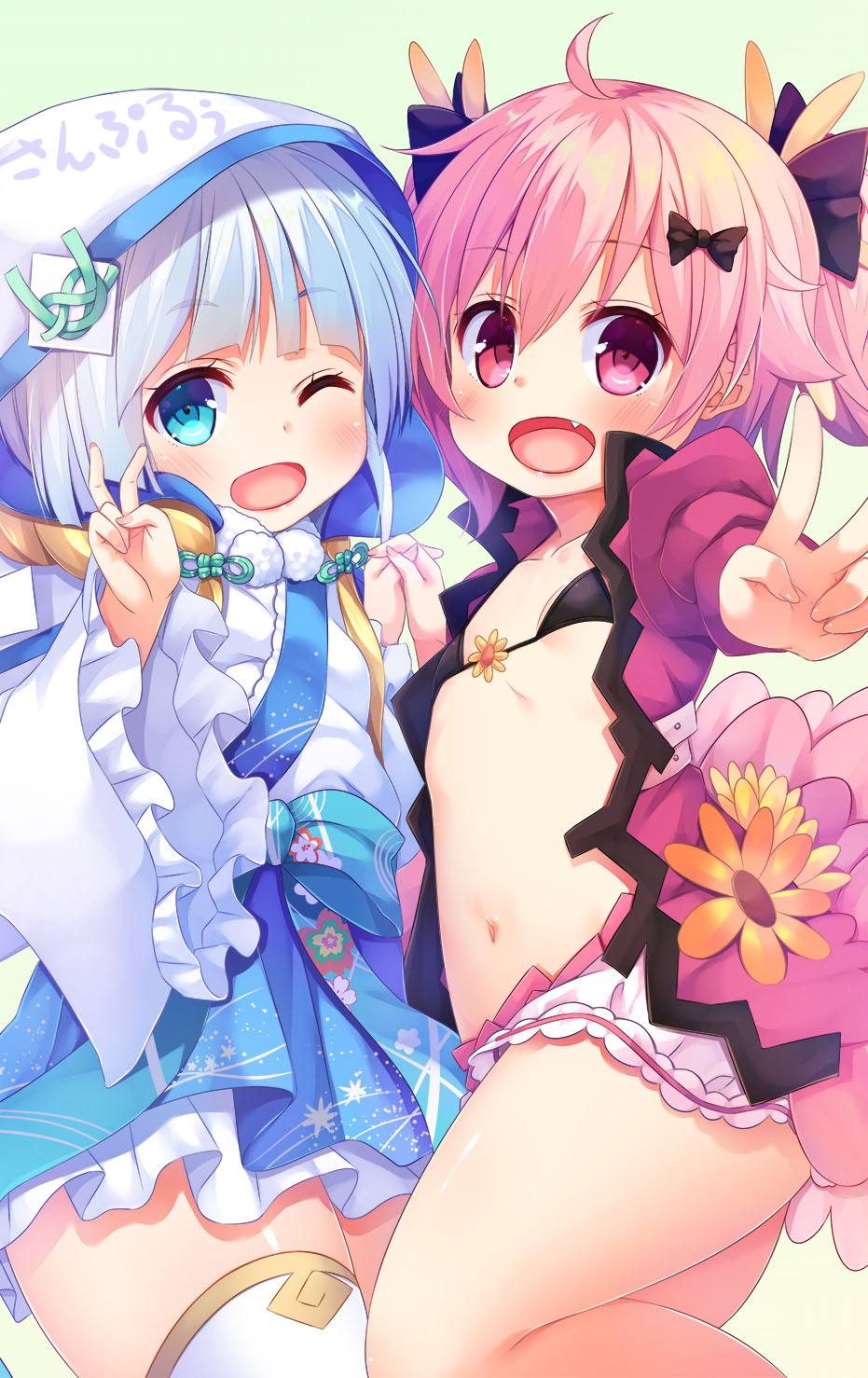 2girls, :d, ;d, asa_no_ha_(awayuki), black_bow, black_bra, blue_bow, blue_eyes, blue_skirt, bow, bra, daisy_(flower_knight_girl), flat_chest, flower_knight_girl, hair_bow, happy, hatsuyukisou_(flower_knight_girl), highres, hood, jacket, miniskirt, multiple_girls, multiple_hair_bows, navel, one_eye_closed, open_mouth, pink_eyes, pink_hair, pink_jacket, print_bow, sample_watermark, short_hair, silver_hair, skirt, smile, thighhighs, translated, underwear, v, waist_bow, watermark, white_legwear, white_skirt