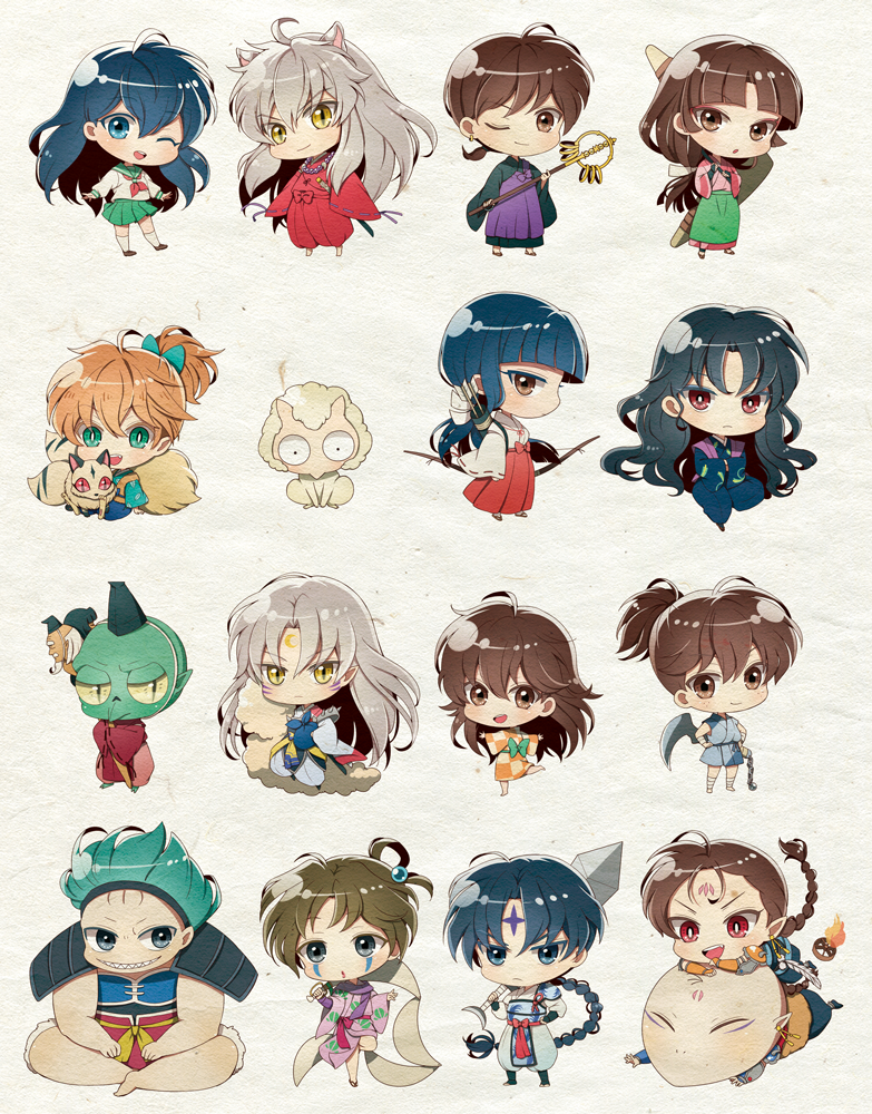 4girls, 6+boys, animal_ears, aqua_hair, armor, arrow_(projectile), bald, bankotsu_(inuyasha), black_hair, blue_eyes, boomerang, bow, braid, braided_ponytail, brothers, brown_eyes, brown_hair, chibi, crescent_moon_symbol, crossed_arms, dog_ears, facepaint, fang, full_body, green_eyes, grin, hair_between_eyes, hair_bobbles, hair_ornament, hand_on_own_hip, hat, higurashi_kagome, hiten_(inuyasha), hiyoshimaru_(inuyasha), indian_style, inuyasha, inuyasha_(character), jaken, jakotsu_(inuyasha), japanese_clothes, jewelry, kama_(weapon), kikyou_(inuyasha), kimono, kirara_(inuyasha), kohaku_(inuyasha), kyoukotsu, long_hair, looking_at_viewer, manten_(inuyasha), miko, miroku_(inuyasha), monkey, monster, motobi_(mtb_umk), multiple_boys, multiple_girls, naraku_(inuyasha), necklace, nekomata, one_eye_closed, open_mouth, orange_hair, paper_background, pearl_necklace, pleated_skirt, pointy_ears, ponytail, profile, quiver, red_eyes, reference_sheet, rin_(inuyasha), robe, sailor_collar, sango_(inuyasha), sash, scabbard, school_uniform, serafuku, sesshoumaru, sheath, shippou_(inuyasha), shoes, short_hair, short_ponytail, siblings, sickle, silver_hair, single_braid, sitting, skirt, slit_pupils, smile, socks, staff, standing, standing_on_one_leg, sword, tessaiga, tokin_hat, wavy_hair, weapon, wide_sleeves, yellow_eyes