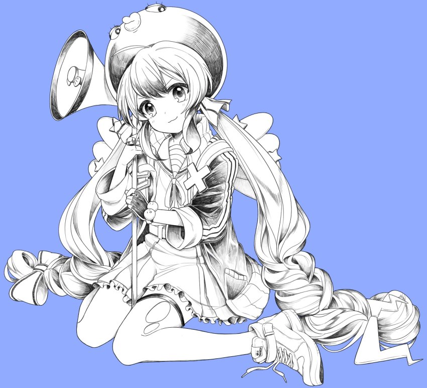 >:3, 1girl, :3, ahoge, animal_hat, artist_name, backpack, bad_id, bad_twitter_id, bag, belt, blue_background, blush, braid, closed_mouth, collared_dress, dress, eyelashes, fake_wings, female_focus, fingerless_gloves, frilled_dress, frills, full_body, gloves, greyscale, hair_ornament, hair_ribbon, hat, highres, hinata_(sky), holding, jacket, jewelry, kirai_kirai_jiga_hidai_(vocaloid), lightning_bolt, lightning_bolt_hair_ornament, lightning_bolt_symbol, long_hair, long_sleeves, looking_at_viewer, low-braided_long_hair, low-tied_long_hair, low_twintails, megaphone, mini_wings, monochrome, neck_ribbon, open_clothes, open_jacket, otomachi_una, pocket, ribbon, ring, sailor_collar, sailor_dress, shoelaces, shoes, sidelocks, simple_background, single_glove, sitting, sleeve_cuffs, smile, sneakers, solo, spot_color, star_(symbol), tareme, thighhighs, torn_clothes, torn_thighhighs, twin_braids, twintails, v-shaped_eyebrows, very_long_hair, vocaloid, wariza, winged_bag, wings