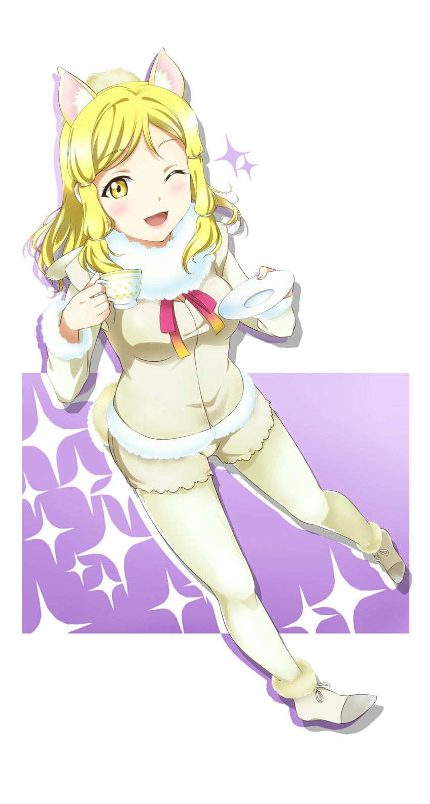 10s, 1girl, ;d, absurdres, alpaca_ears, alpaca_suri_(kemono_friends), alpaca_suri_(kemono_friends)_(cosplay), alpaca_tail, animal_ears, beige_boots, beige_legwear, beige_shirt, beige_shorts, blonde_hair, blush, breasts, cosplay, cup, extra_ears, female_focus, full_body, fur_trim, highres, holding, kemono_friends, long_hair, long_sleeves, love_live!, love_live!_sunshine!!, medium_breasts, ohara_mari, one_eye_closed, open_mouth, pantyhose, plate, silhouette, smile, solo, sparkle, surfing_orange, tail, teacup, white_background