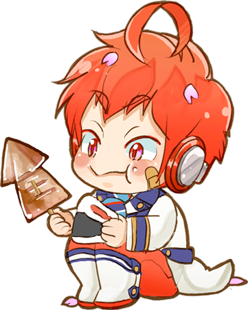 1boy, ahoge, arsloid, bandaid, bandaid_on_face, boots, cherry_blossoms, chibi, eating, food, headphones, ikayaki, knee_boots, lowres, male_focus, na_ka_wa, onigiri, pants, petals, red_eyes, red_hair, red_pants, school_uniform, simple_background, solo, transparent_background, vocaloid, white_background