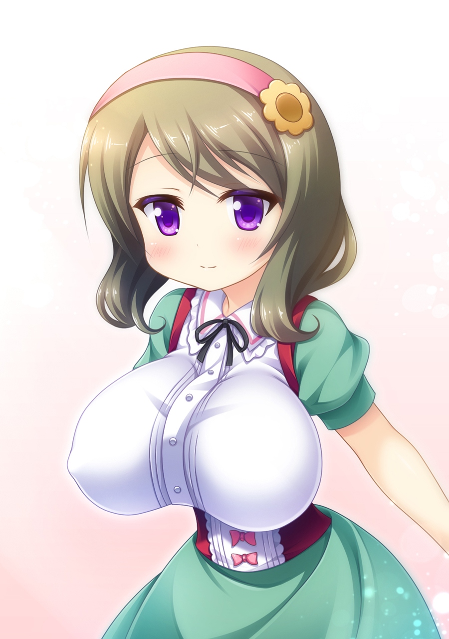 10s, blush, breasts, brown_hair, commentary_request, hairband, highres, hinako_note, kuroyanagi_ruriko, large_breasts, miu_(c_blue), oppai_loli, ribbon, short_hair, smile, solo