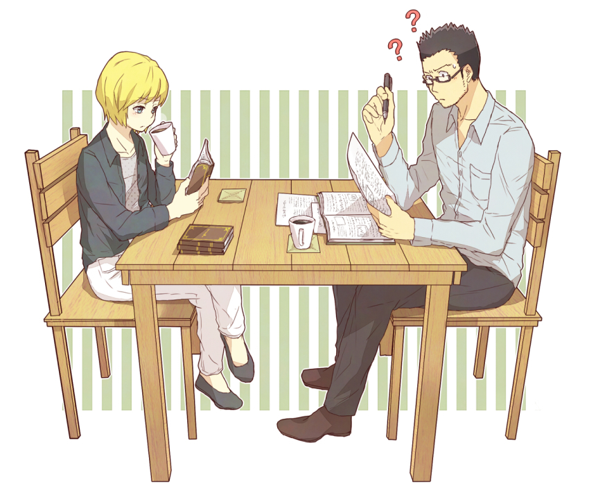 2boys, ?, bad_id, bad_pixiv_id, black_hair, blonde_hair, casual, coffee, contemporary, full_body, glasses, hunter_x_hunter, kurapika, leorio_paladiknight, multiple_boys, nanzan, pen, reading, semi-rimless_eyewear, sitting, sweatdrop, table, under-rim_eyewear