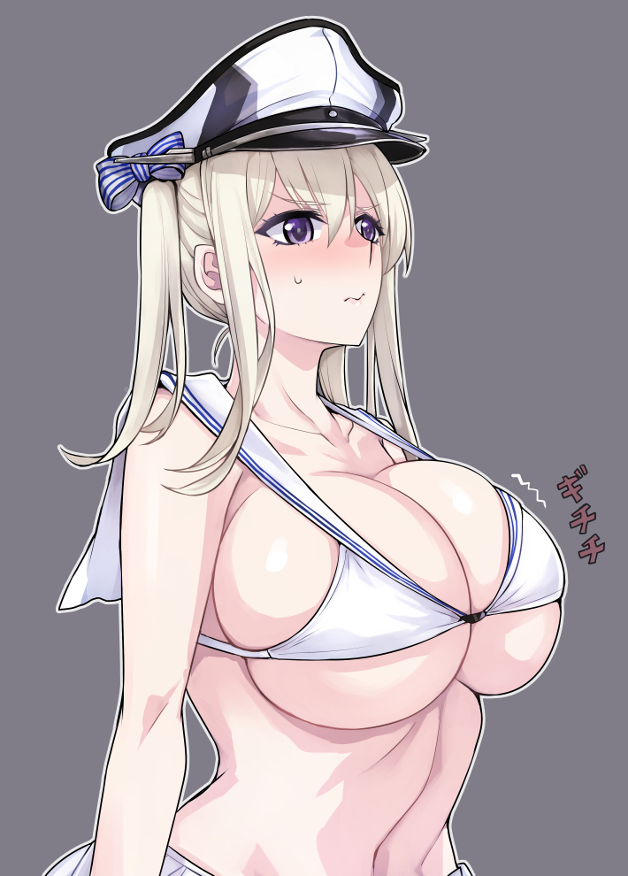 10s, 1girl, bikini, bikini_top_only, blonde_hair, breasts, bursting_breasts, cleavage