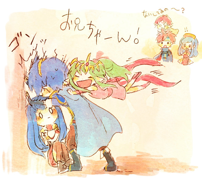 !, !!, 2boys, 4girls, against_wall, armor, black_gloves, blank_eyes, blue_hair, blush, blush_stickers, boots, caeda_(fire_emblem), cape, closed_eyes, covering_own_mouth, cowering, eating_hair, eating_non-food, elbow_gloves, empty_eyes, fae_(fire_emblem), fingerless_gloves, fire_emblem, fire_emblem:_mystery_of_the_emblem, fire_emblem:_shadow_dragon, fire_emblem:_the_binding_blade, fire_emblem_heroes, gloves, green_hair, hair_in_own_mouth, hair_ornament, hairband, hand_on_wall, hand_to_own_mouth, hat, headband, hug, hug_from_behind, jumping, kappaman, lilina_(fire_emblem), long_hair, marth_(fire_emblem), multiple_boys, multiple_girls, nintendo, on_head, open_mouth, own_hands_together, pointy_ears, ponytail, red_hair, roy_(fire_emblem), sash, short_hair, sitting, spiked_hair, standing, surprised, sweatdrop, tiki_(fire_emblem), tiki_(young)_(fire_emblem), traditional_media