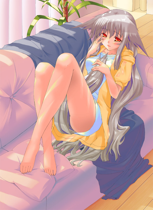 animal_ears, barefoot, brown_hair, couch, dog_ears, feet, kanata_daiki, long_hair