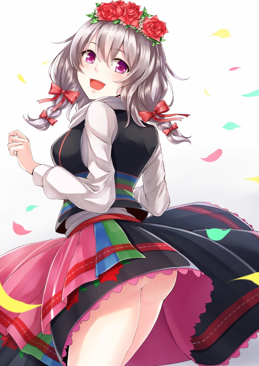 1girl, :d, ass, blush, bow, braid, cowboy_shot, dabadhi, female_focus, flower, frilled_skirt, frills, from_behind, hair_between_eyes, hair_bow, hair_flower, hair_ornament, highres, long_sleeves, looking_at_viewer, looking_back, malbork_(oshiro_project), multicolored_skirt, no_panties, open_mouth, oshiro_project:re, puffy_long_sleeves, puffy_sleeves, purple_eyes, red_bow, red_flower, red_rose, rose, shirt, silver_hair, skirt, slavic_clothes, smile, solo, twin_braids, vest, white_shirt