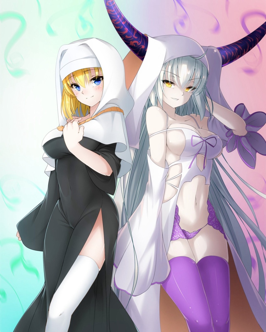 >:), 2girls, bare_shoulders, blonde_hair, blue_eyes, blush, breasts, cleavage