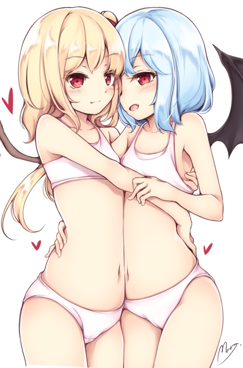 2girls, :d, bad_id, bad_pixiv_id, bat_wings, black_wings, blonde_hair, blue_hair, bra, closed_mouth, collarbone, commentary_request, cowboy_shot, fang, fang_out, flandre_scarlet, flat_chest, heart, highres, hug, incest, maremay0513, multiple_girls, navel, one_side_up, open_mouth, panties, red_eyes, remilia_scarlet, short_hair, siblings, sideways_mouth, signature, sisters, smile, standing, stomach, thighs, touhou, underwear, underwear_only, white_bra, white_panties, wings, yuri