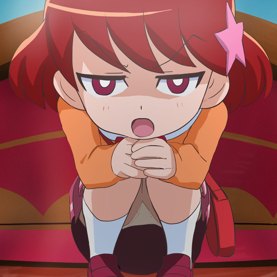 10s, 1girl, blush, female_focus, hair_ornament, haruyama_kazunori, kenjou_miku, kirakira_precure_a_la_mode, looking_at_viewer, open_mouth, panties, pantyshot, precure, red_eyes, red_hair, short_hair, sitting, socks, solo, star_(symbol), star_hair_ornament, underwear, white_panties, white_socks