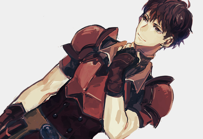 1boy, armor, bad_id, bad_pixiv_id, fingerless_gloves, fire_emblem, fire_emblem_echoes:_shadows_of_valentia, gloves, grey_background, ioko_(10k0), lukas_(fire_emblem), male_focus, nintendo, red_eyes, red_hair, simple_background, solo, upper_body