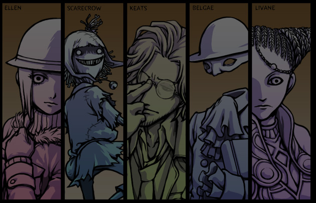 1boy, 2girls, asato_(artist), belgae, blonde_hair, brown_hair, dark, double_bun