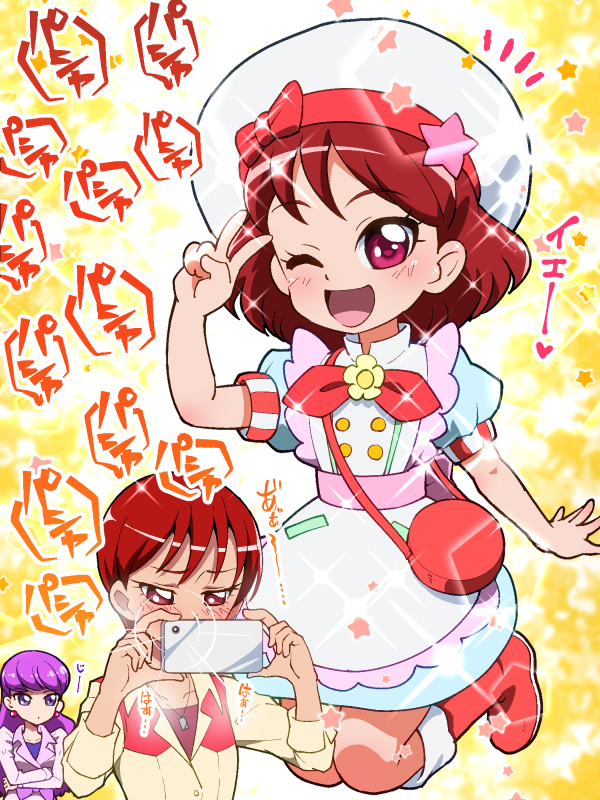 10s, 3girls, ;d, apron, blue_dress, blush, boots, bow