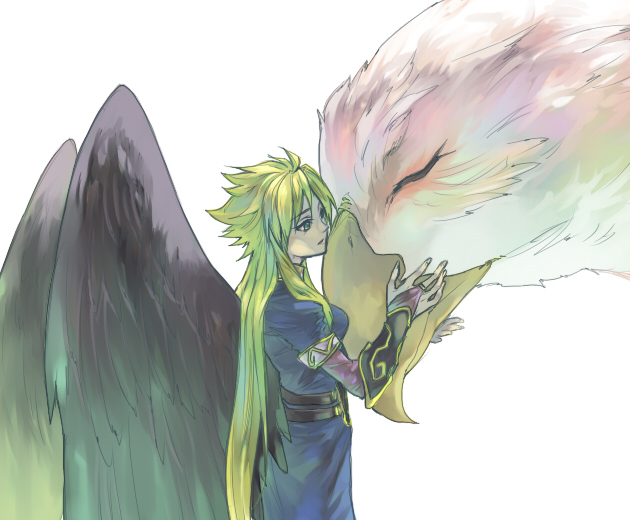 1girl, angel_wings, bad_id, bad_pixiv_id, bird, black_wings, blonde_hair, breath_of_fire