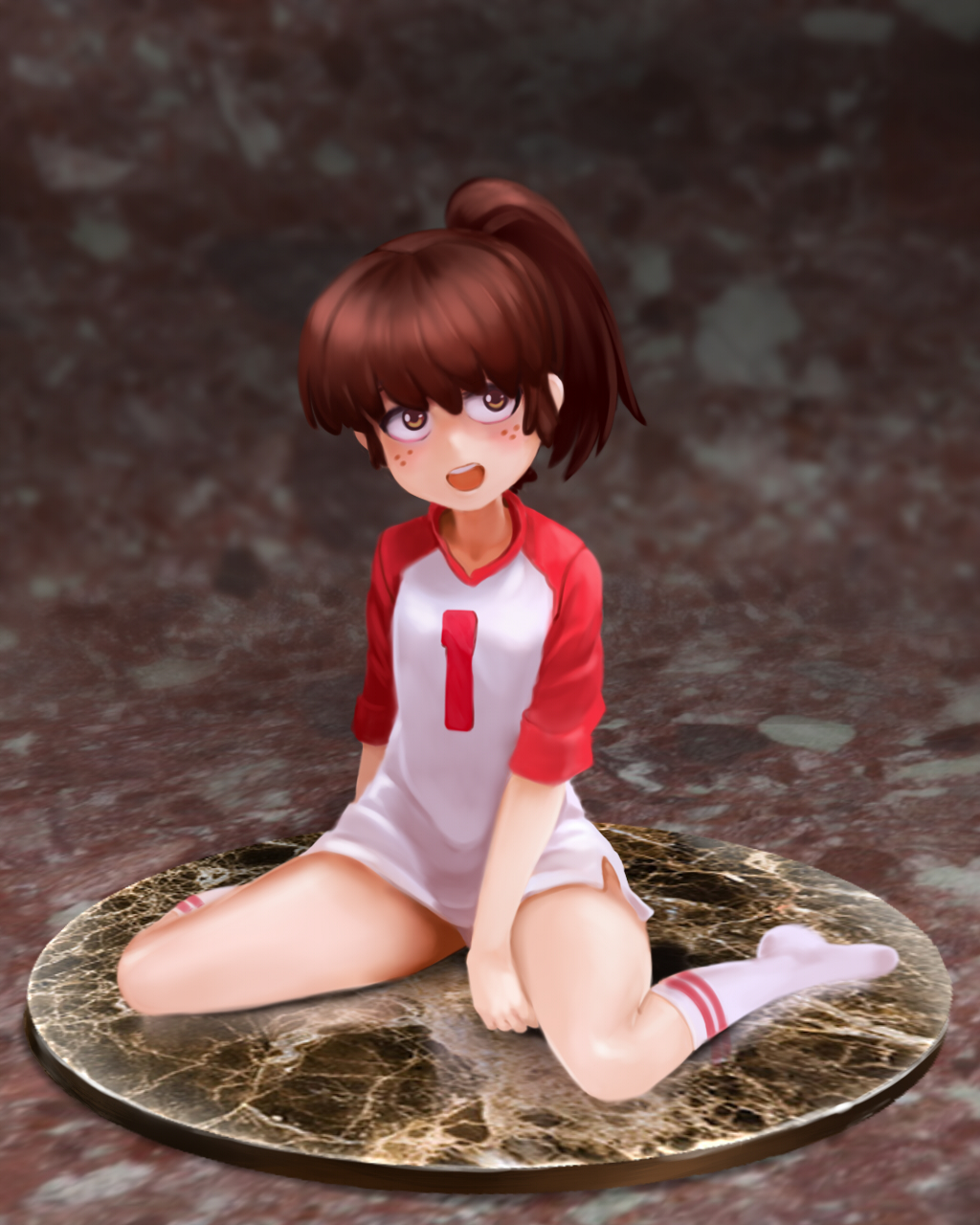 1girl, animification, brown_eyes, brown_hair, character_doll, doll, faux_figurine, female_focus, figure, freckles, full_body, highres, jcm2, loli, lynn_loud, no_pants, open_mouth, panties, ponytail, realistic, sitting, smile, socks, solo, the_loud_house, underwear, wariza, white_panties