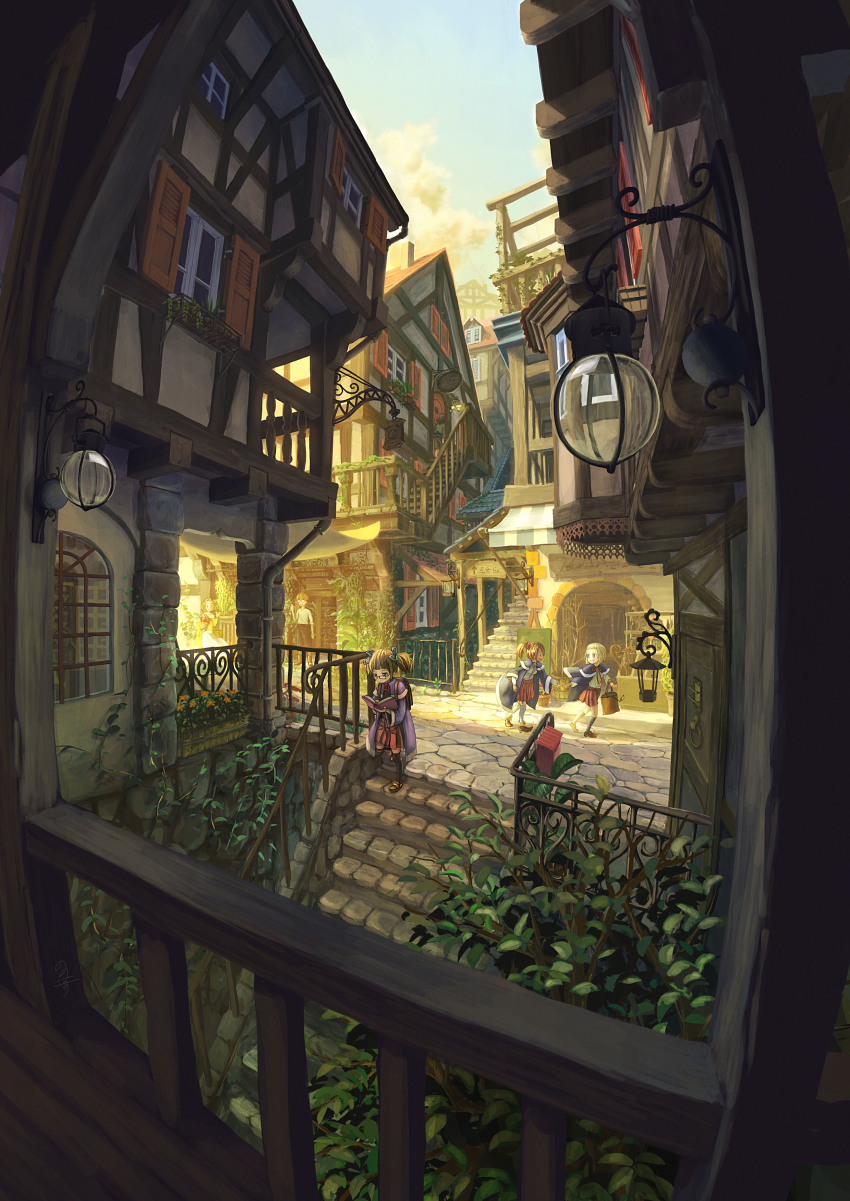 1boy, 4girls, absurdres, arrow_(projectile), bag, black_socks, blonde_hair, blue_eyes