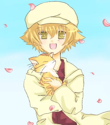 00s, 1boy, bad_id, bad_pixiv_id, beret, blonde_hair, newsboy_cap, cat, cherry_blossoms, clannad, dual_persona, gradient_background, hat, lowres, male_focus, minami_to_uri_to, petals, shima_katsuki, short_hair, solo, time_paradox, yellow_eyes