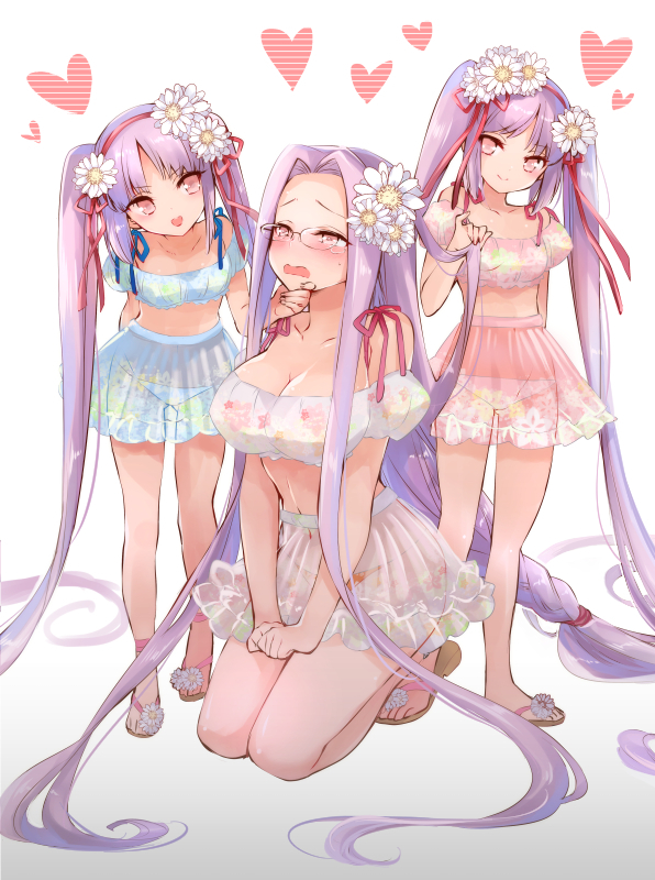 3girls, absurdly_long_hair, alternate_costume, bare_shoulders, blush, braid, breasts, cleavage