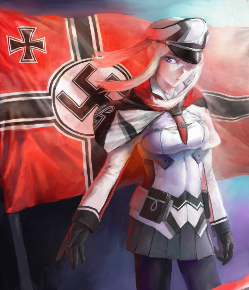 10s, 1girl, absurdres, bad_id, bad_pixiv_id, black_gloves, black_pantyhose, black_skirt, blonde_hair, blue_eyes, breasts, cross, female_focus, flag, gloves, graf_zeppelin_(kancolle), hat, highres, iron_cross, kantai_collection, long_hair, long_sleeves, medium_breasts, military_hat, miniskirt, nazi, nazi_war_ensign, pantyhose, pleated_skirt, skirt, solo, swastika, tomiya_(tomiya2117)