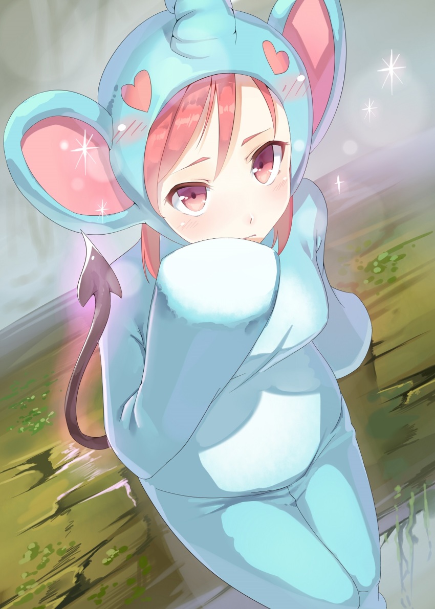 1girl, animal_costume, blush, demon_tail, elephant_costume, female_focus, goruva, hand_to_own_mouth