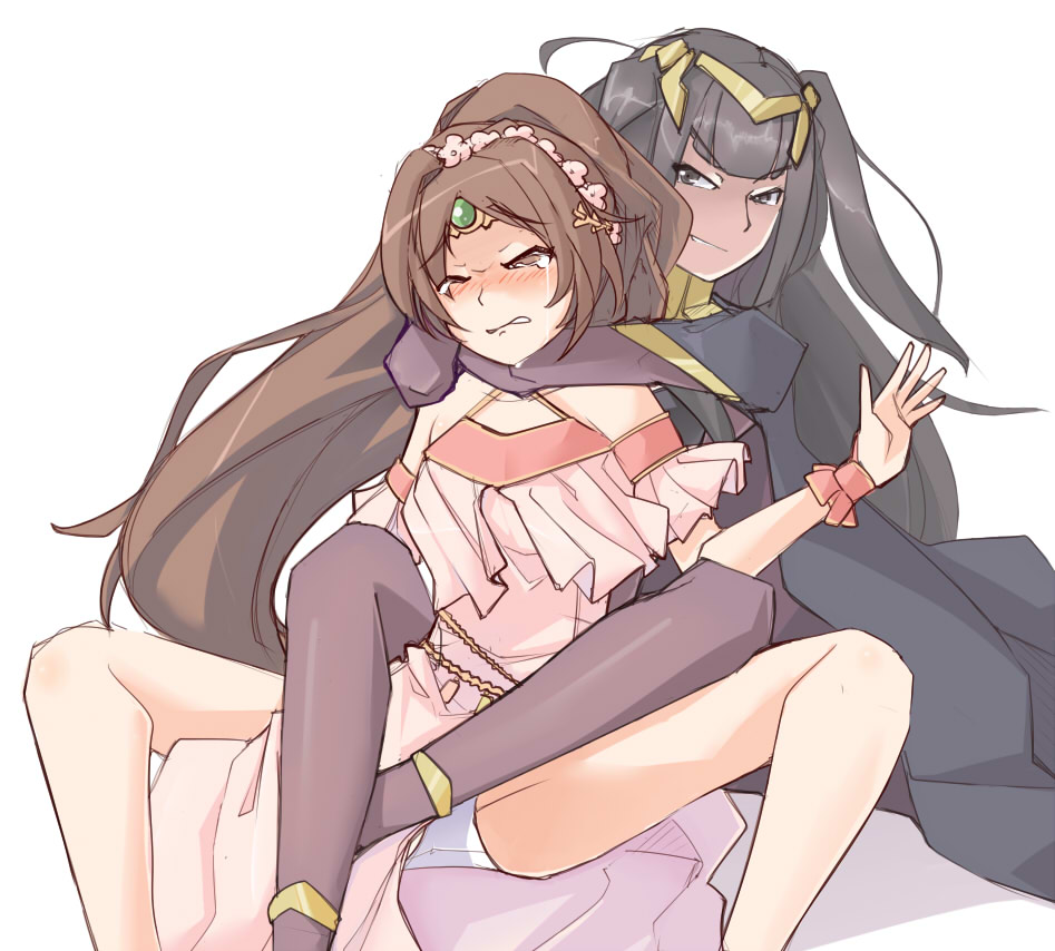 2girls, asphyxiation, black_eyes, black_hair, blush, bodysuit, bracelet, breasts