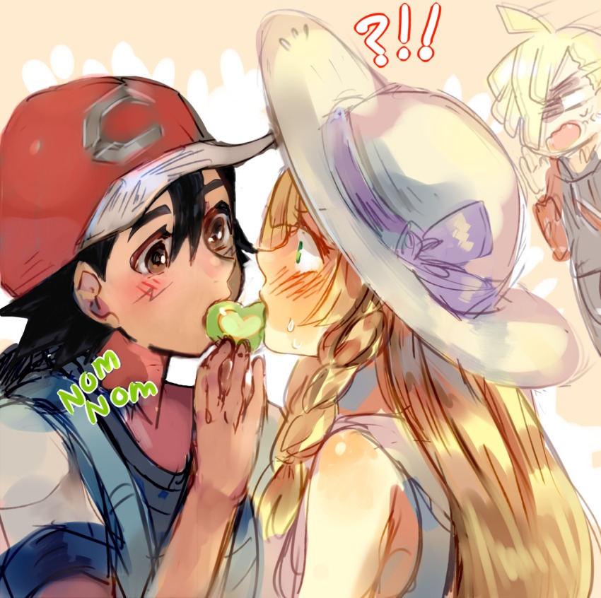 1girl, 2boys, anger_vein, ash_ketchum, baseball_cap, black_hair, blonde_hair, blush, braid, brother_and_sister, dark-skinned_male, dark_skin, eating, gladion_(pokemon), hat, heads_together, hetero, highres, kash-phia, lillie_(pokemon), long_hair, multiple_boys, nintendo, poke_bean, pokemon, pokemon_(anime), pokemon_the_series:_sun_&amp;_moon, sharing_food, short_hair, siblings, spoilers, sun_hat, tan, third-party_edit, twin_braids