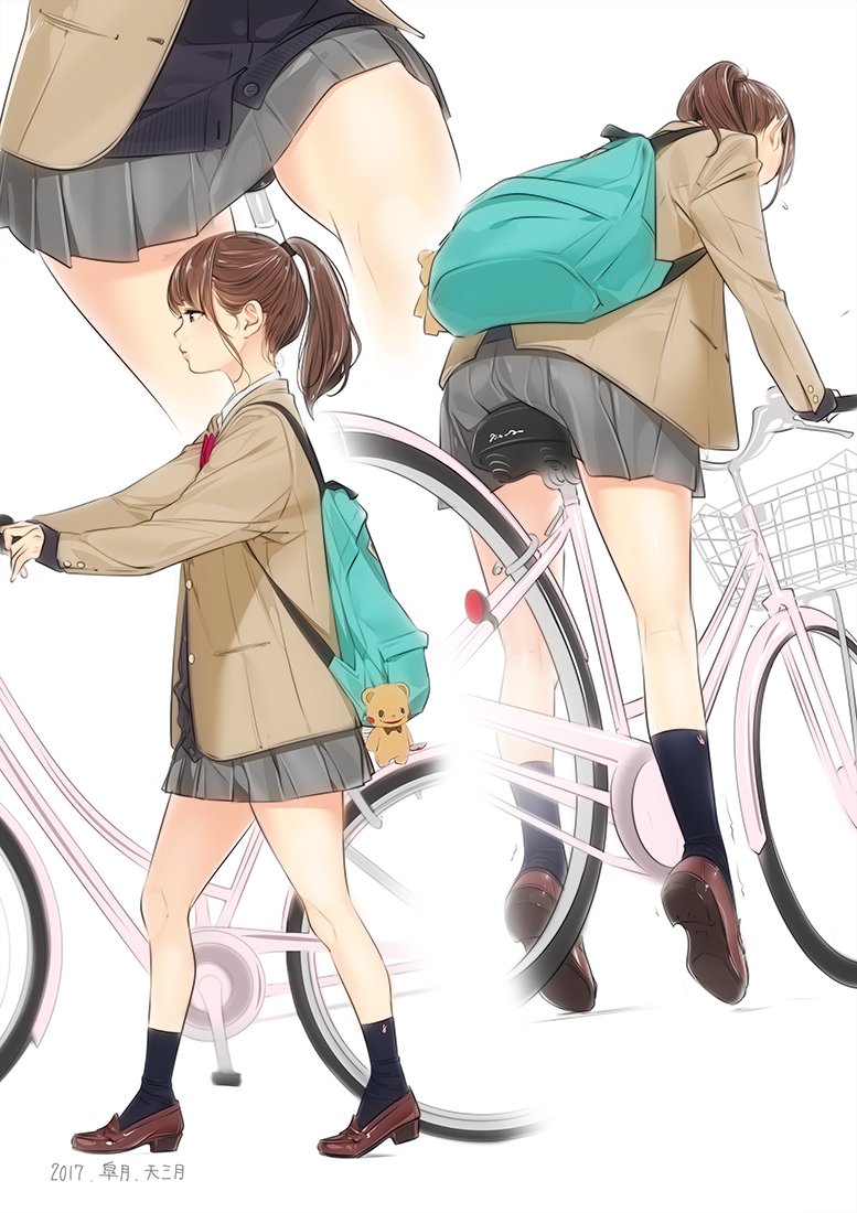 1girl, ama_mitsuki, artist_name, bicycle, black_legwear, blazer, brown_footwear, brown_hair