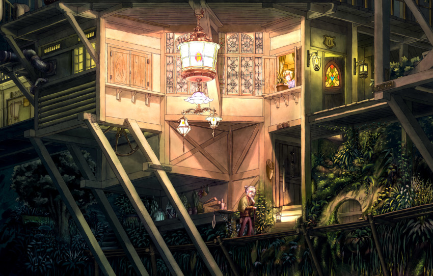 1boy, 1girl, chandelier, door, fire, highres, house_number, industrial_pipe