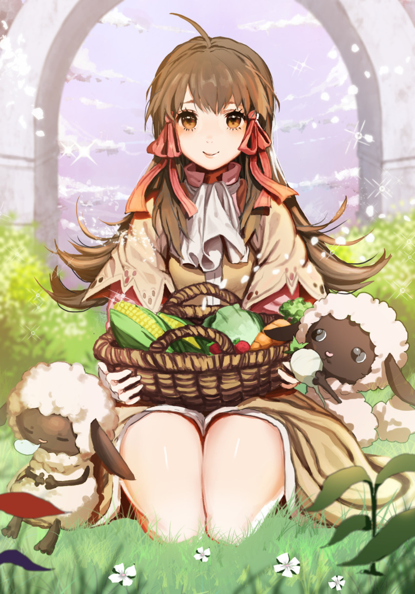 1girl, :3, ahoge, arch, basket, black_eyes, blurry, blush, brown_dress, brown_eyes, brown_hair, cabbage, carrot, closed_mouth, cloud, corn, day, depth_of_field, donique_(vaniilya), dress, flipped_hair, food, fruit, full_body, grass, hair_ribbon, highres, holding, holding_food, lettuce, long_hair, looking_at_viewer, mana_(rune_factory), outdoors, outstretched_arms, plant, red_ribbon, ribbon, rune_factory, rune_factory_2, seiza, sheep, sitting, sketch, sky, sleeping, smile, sparkle, standing, strawberry, turnip