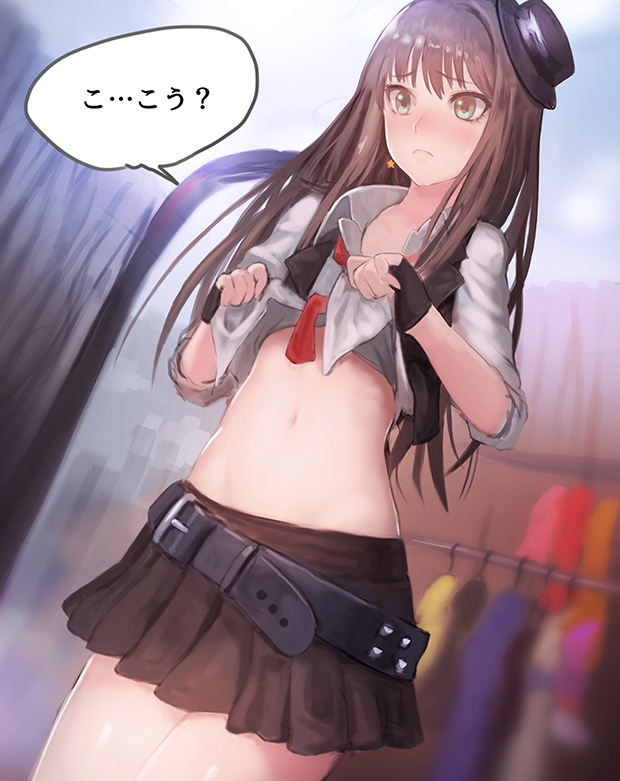 10s, 1girl, belt, black_gloves, black_skirt, brown_hair, clothes_lift, commentary_request