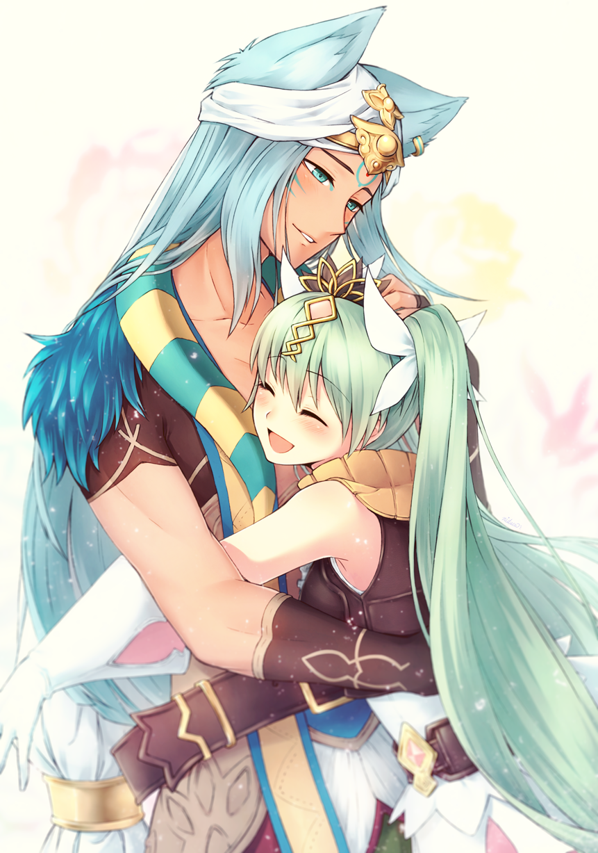 1boy, 1girl, :d, ^_^, animal_ears, belt, blue_eyes, blue_hair