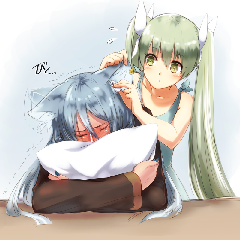 1boy, 1girl, afterimage, animal_ears, blue_dress, blue_hair, blue_nails, blush, cleaning, closed_eyes, dark_skin, dress, ear_wiggle, earclip, eargasm, face_in_pillow, flying_sweatdrops, fox_ears, frey_(rune_factory), grabbing_another's_ear, green_hair, hair_between_eyes, hair_ribbon, hand_on_another's_ear, head_tilt, jewelry, leon_(rune_factory), long_hair, long_sleeves, looking_at_another, motion_lines, nail_polish, niduca_(hio_touge), nose_blush, hugging_object, parted_lips, pillow, pillow_hug, ribbon, ring, rune_factory, rune_factory_4, sketch, sleeveless, sleeveless_dress, tears, trembling, twintails, uncommon_stimulation, very_long_hair, wedding_band, white_ribbon