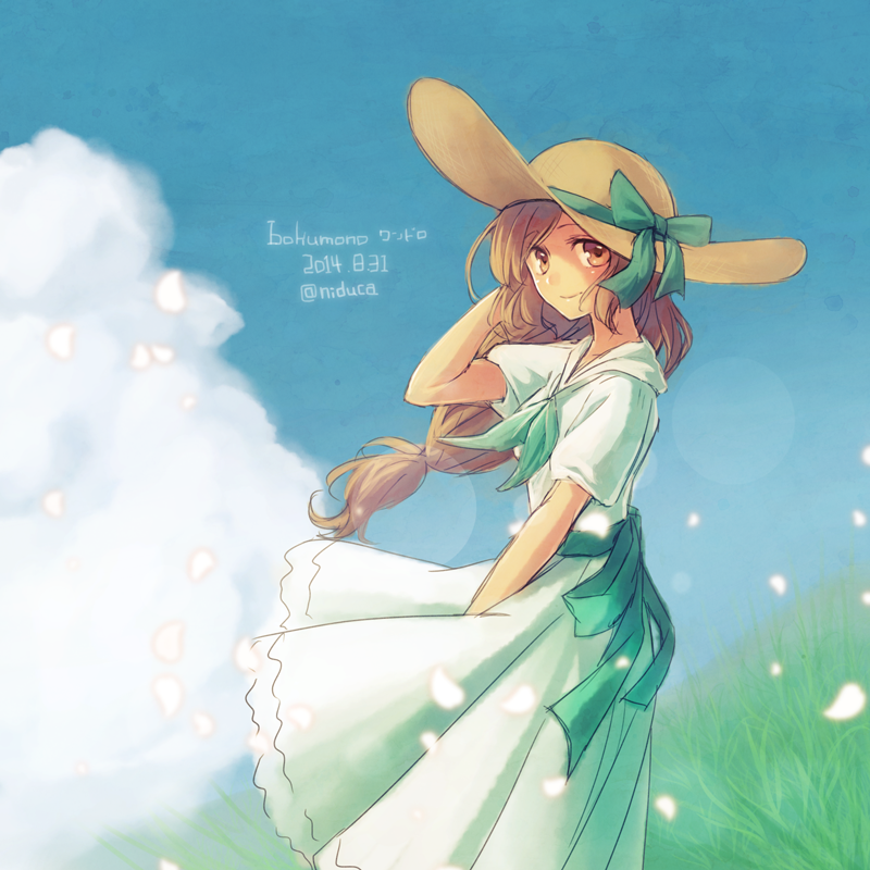 1girl, 2014, artist_name, blush, bokujou_monogatari, bokujou_monogatari:_tsunagaru_shin_tenchi, brown_eyes, brown_hair, closed_mouth, cloud, day, dress, female_focus, from_side, grass, green_dress, harvest_moon, hat, long_hair, low-tied_long_hair, minori_(bokujou_monogatari), niduca_(hio_touge), outdoors, petals, short_sleeves, sketch, sky, smile, solo, standing, sun_hat, twitter_username, very_long_hair, wind